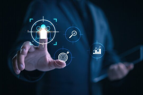 Targeting customer persona and data analytics strategy,marketing segmentation and digital targeting,hand pointing at icons for audience insight and business growth