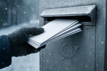Sending mail on a snowy day. A person in a glove pushes letters into an icy postbox outdoors.