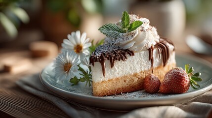 Captivating slice of creamy cake with fresh strawberries and daisy blooms
