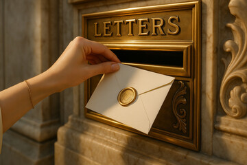 A golden letterbox accepts an elegant envelope, sealed with wax. Reflecting classic style and timeless communication.