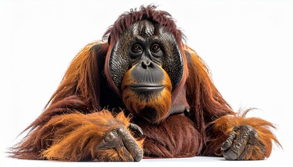 orangutan lying on side with arm extended on white background