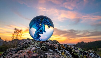 glass orb with blue dragon inside on rocky shore at sunset