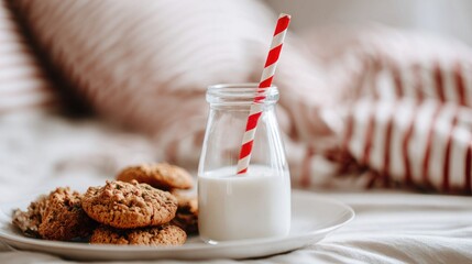 A plate of oatmeal cookies next to a glass of milk with a red and white striped straw. The background features a cozy bed with striped bedding.