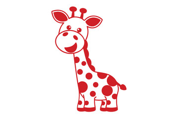 A cheerful giraffe with large red spots stands happily, smiling on a white background
