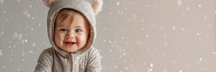 shop banner featuring a happy baby girl wearing a Christmas patterned onesie. The background is designed in soft pastel tones with subtle sparkles, giving a clean, modern, and festive look. The baby i