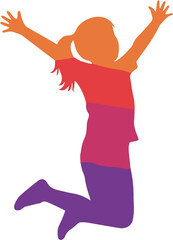 Colorful silhouette of a happy little girl jumping for joy, celebrating childhood freedom and youthful energy