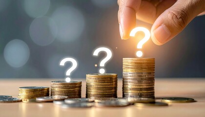 Hand reaches toward tallest coin stack with glowing question marks