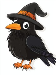 Fototapeta premium Sticker, cute cheerful cartoon raven chick in a funny hat, white background
