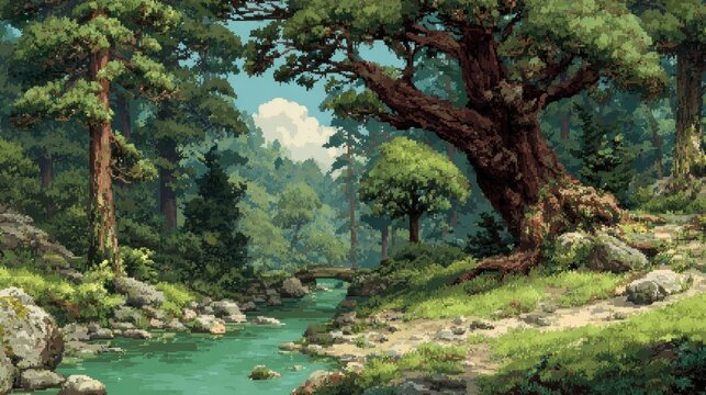 Pixel Art Tranquil Forest Stream Landscape with Dense Trees and Bridge