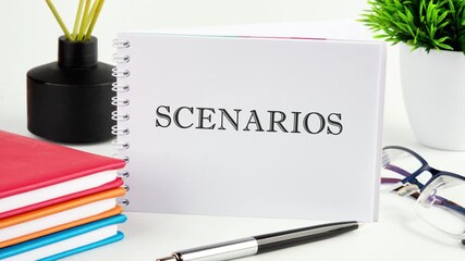 The concept of developing scenarios and an action plan. Animation of the conceptual text SCENARIOS in a close-up notebook
