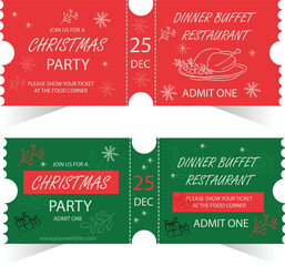 Christmas party ticket invitation, Vintage old green and red color Christmas icon design, Set of Christmas invitation tickets or coupon templates, vector illustration 