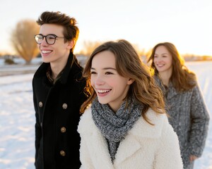 Fototapeta premium Holiday lifestyle Happy Friends Enjoying a Winter Day Outdoors in Cozy Attire in festive home interior