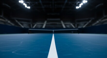 Obraz premium Empty blue tennis court with net and stadium lights, ready for a match for commercial usage and mockups