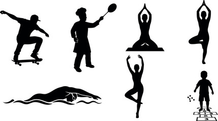 Vector art of diverse set of silhouette icons showcasing different sports and activities