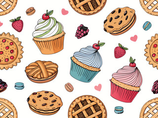 Showcasing Seamless Bakery Doodles With Cupcakes Pies And Elegant Creative Visual