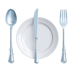 White plate with silver spoon, knife, and fork