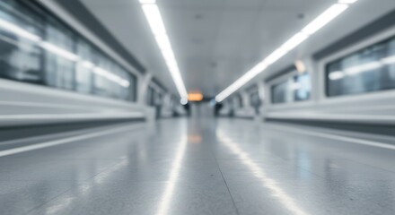 Blurred perspective of a modern subway station with bright lights and reflective floor for commercial usage and mockups