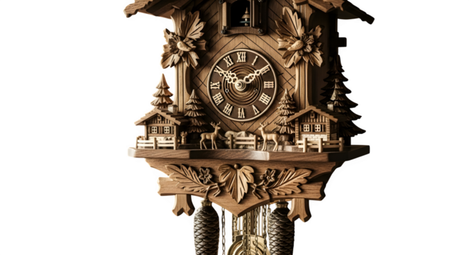 Intricate cuckoo clock isolated on transparent background, a classic timepiece