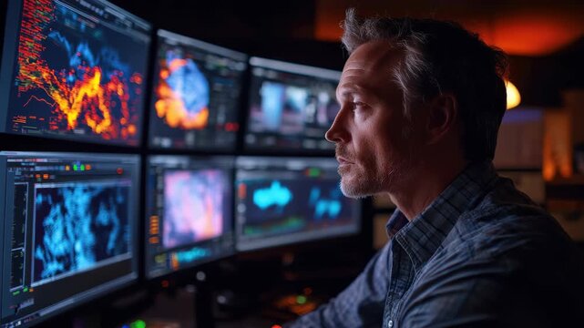A man is at a hydrometric center, analyzing data on multiple computer monitors. He studies charts and graphs, reviewing water information. It is a video