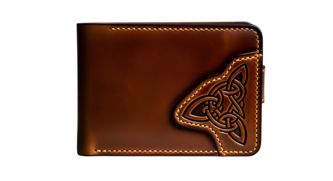 Brown leather wallet with celtic knot design isolated on transparent background