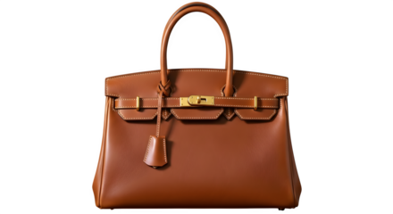 Brown leather birkin handbag isolated on transparent background, luxury and elegant