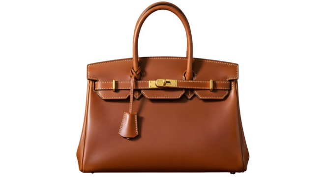 Brown leather birkin handbag isolated on transparent background, luxury and elegant