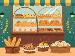 Vibrant Bakery Scene With Bread Baskets And High-Quality Stock Image Great for Commercial Projects