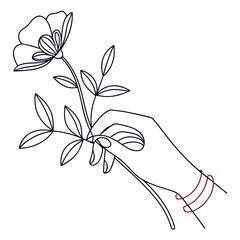 Elegant minimalist line art illustration of a delicate hand gently holding a single blooming flower with leaves and wearing a subtle bracelet perfect for beauty and nature themes