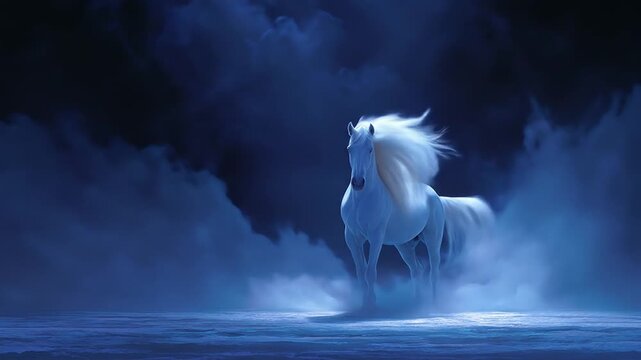 Luminescent white horse stands in a hazy blue landscape with a dark, clouded sky