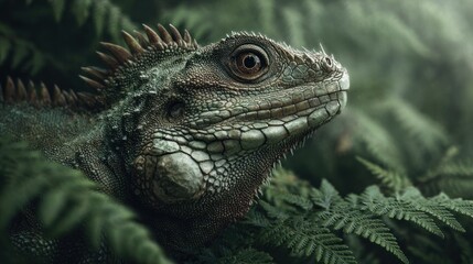 Majestic forest dragon: A captivating portrait of an iguana amidst lush ferns
