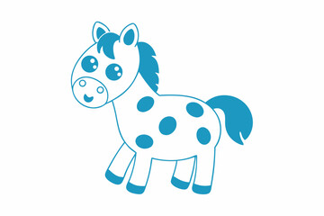 Animated horse outlined in blue shows spots and bright eyes on the white backdrop