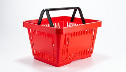 Red shopping basket with upright black handles white background