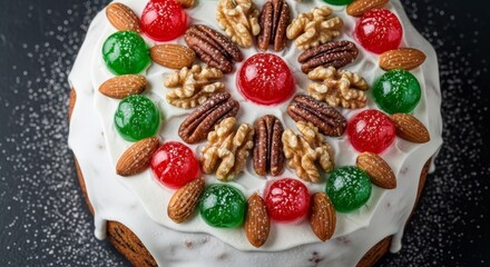 Fototapeta premium Festive holiday cake adorned with nuts and colorful candied cherries, perfect for Christmas celebrations.