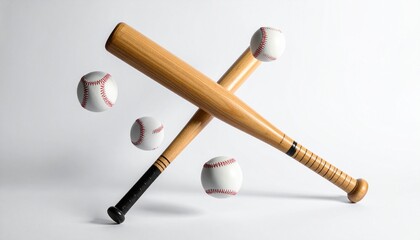 Crossed wooden bats with baseballs arranged symmetrically white background—symbolizing sport, tradition, and competitive spirit.