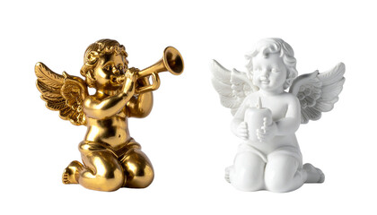 Holiday Angel Figurine Bundle Featuring Gold and White Designs, isolated on transparent background