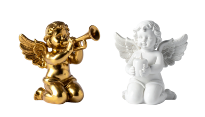 Holiday Angel Figurine Bundle Featuring Gold and White Designs, isolated on transparent background