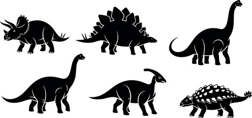Vector art of collection of six black dinosaur silhouettes isolated on a