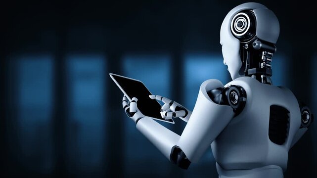Robot hominoid using tablet computer for big data analytic using AI thinking brain , artificial intelligence and machine learning process for the 4th fourth industrial revolution . 3D rendering.