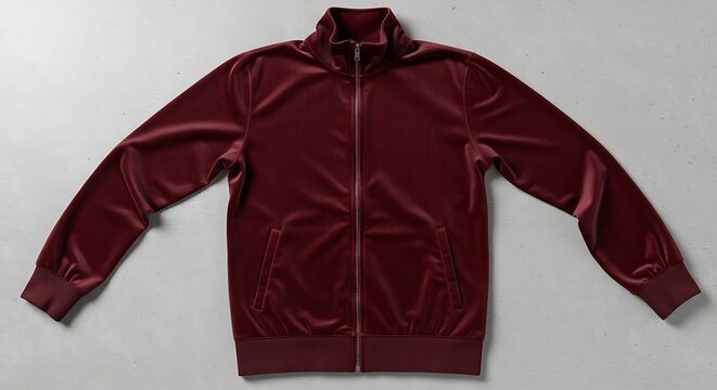 A luxurious maroon velvet track jacket with a zipper, laid flat on a gray background for commercial usage and mockups