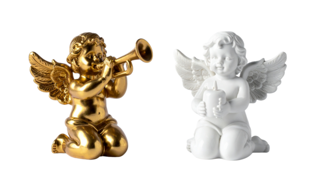 Holiday Angel Figurine Bundle Featuring Gold and White Designs, isolated on transparent background