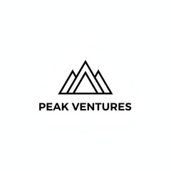Minimalist mountain logo for an outdoor apparel brand named Peak Ventures. Use three simple, stacked triangles to form a mountain range. Clean, bold lines. Sans-serif font for the name
