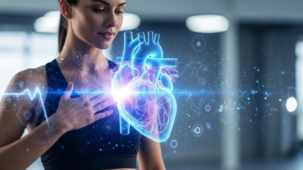 A woman in athletic wear touching her chest with a glowing heart overlay, representing health and wellness. - Powered by Adobe