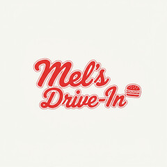 Fototapeta premium Retro script wordmark logo for a diner called Mel's Drive-In. Classic 1950s-style swirling script typography. Incorporate a small, simple hamburger icon next to the name. Red and white color scheme