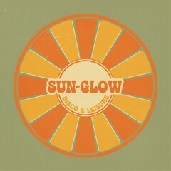 Retro sunburst logo, 1970s aesthetic, orange and yellow