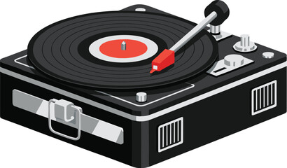 Black turntable vector illustration with vinyl record and stylus arm, retro audio device for analog music lovers and vintage sound themes