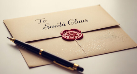 Vintage letter to santa claus with wax seal and pen, evoking a sense of nostalgia and anticipation for the holiday season, creating a warm and inviting atmosphere