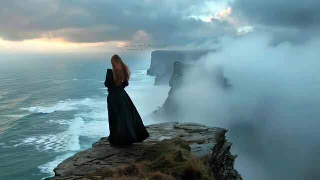 Gaelic woman in flowing dark dress standing on a dramatic ocean cliff. Mystical scene reflecting Romanticism. Ethereal beauty contemplating vast wild sea and misty sky.