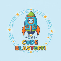 Playful illustrated rocket logo for a kids' coding school
