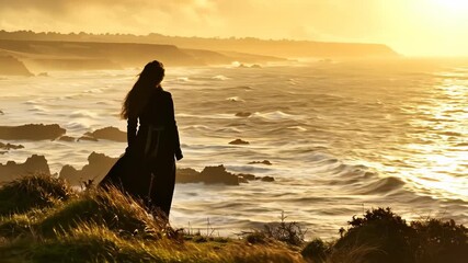 Solitary woman in long dark flowing Victorian style coat standing on rugged cliffs gazing at golden stormy ocean waves during a vibrant dramatic sunset.