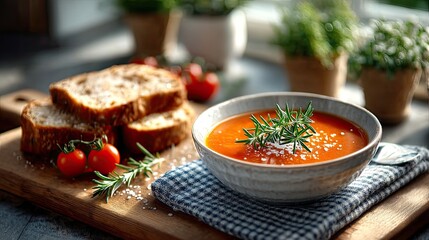 Vibrant Tomato Soup in Ceramic Bowl with Rosemary and Bread on Wooden Board Still Life